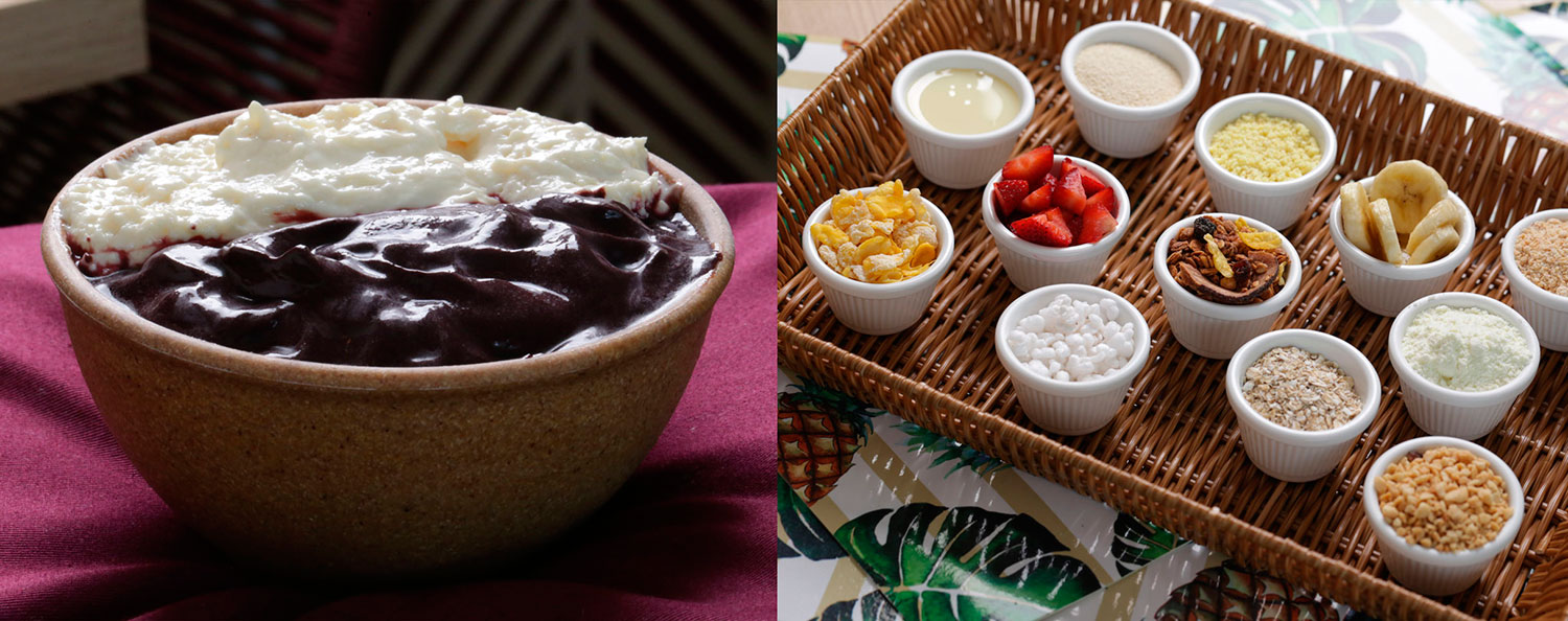 Tigela de açaí com cupuaçu e diversos deliciosos ingredientes.